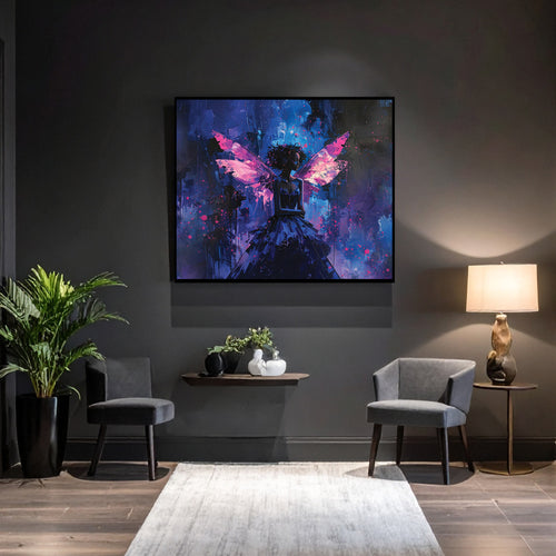 Modern interior with a dark wall, framed abstract art, and decorative items.