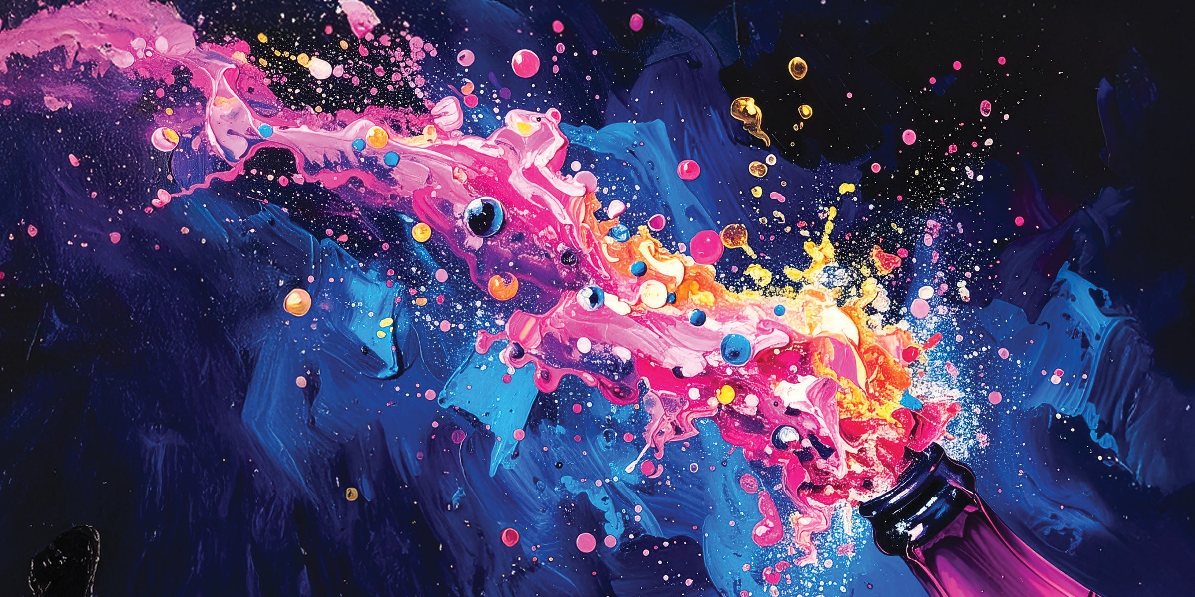 Colorful abstract painting with splashes of pink, blue, and orange on a dark background.