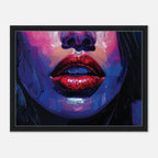 Framed artwork of a stylized face with vibrant colors and a black frame.