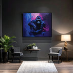 Modern living room with a painting of a gorilla on the wall, two chairs, and a lamp.