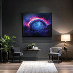 Modern living room with a large abstract painting on the wall, two chairs, a side table with a lamp, and a plant.