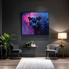 Modern living room with a black panther artwork on the wall.