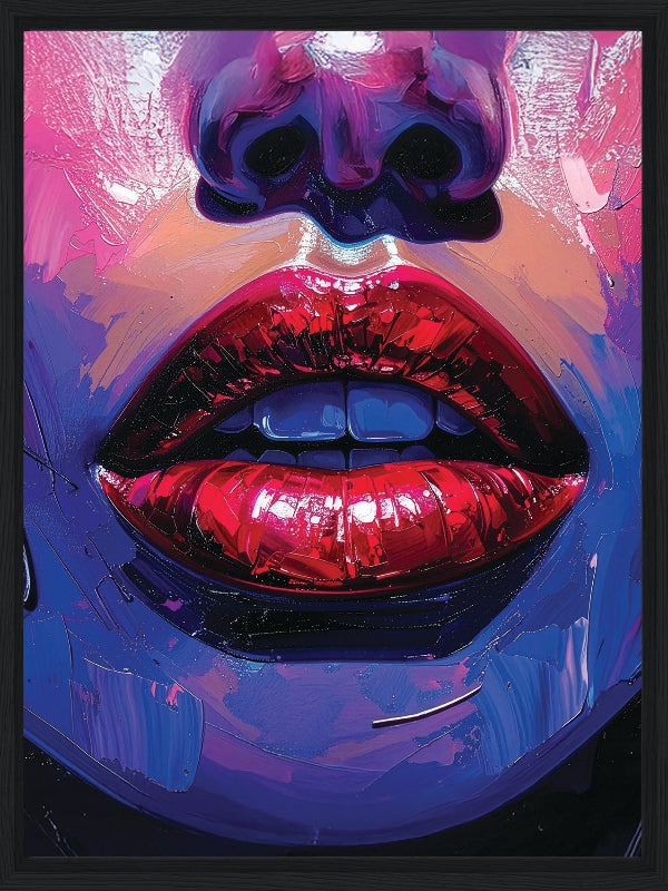 Colorful abstract art of a face with a focus on lips and skull.