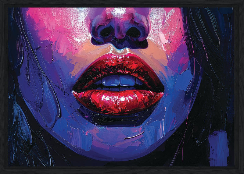 Colorful abstract painting of a face with prominent lips