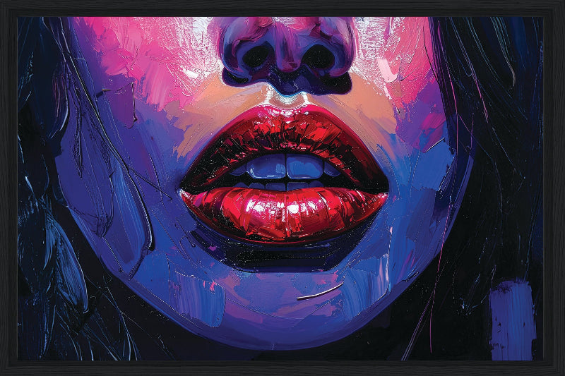 Colorful abstract art with vibrant lips and a black frame
