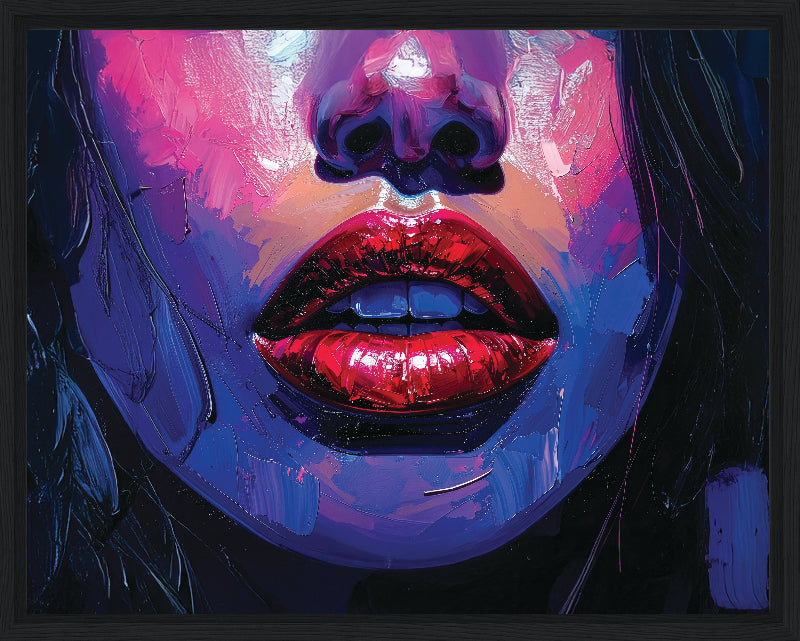 Colorful abstract art of a face with vibrant lips and glowing eyes.