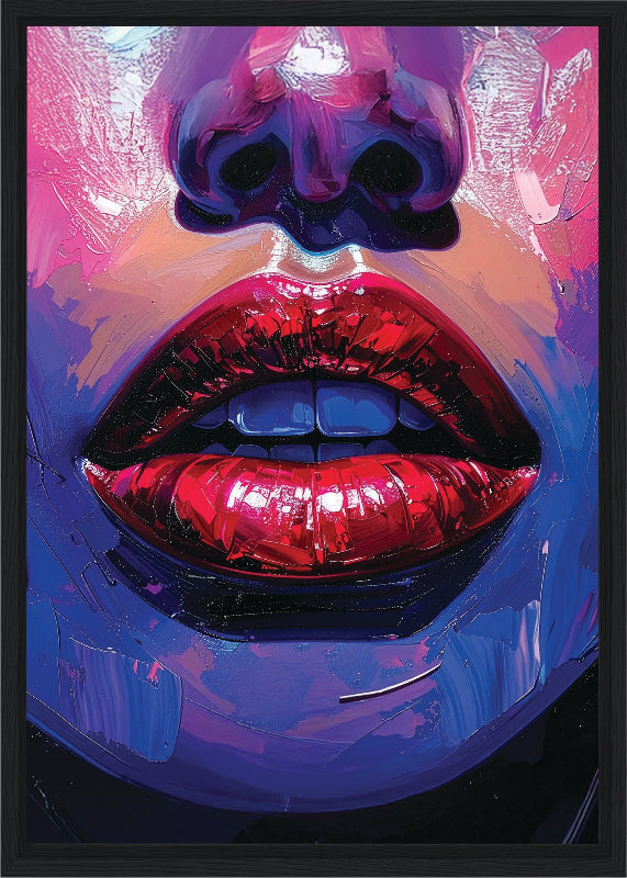 Colorful abstract art of a face with prominent lips and skull-like features.