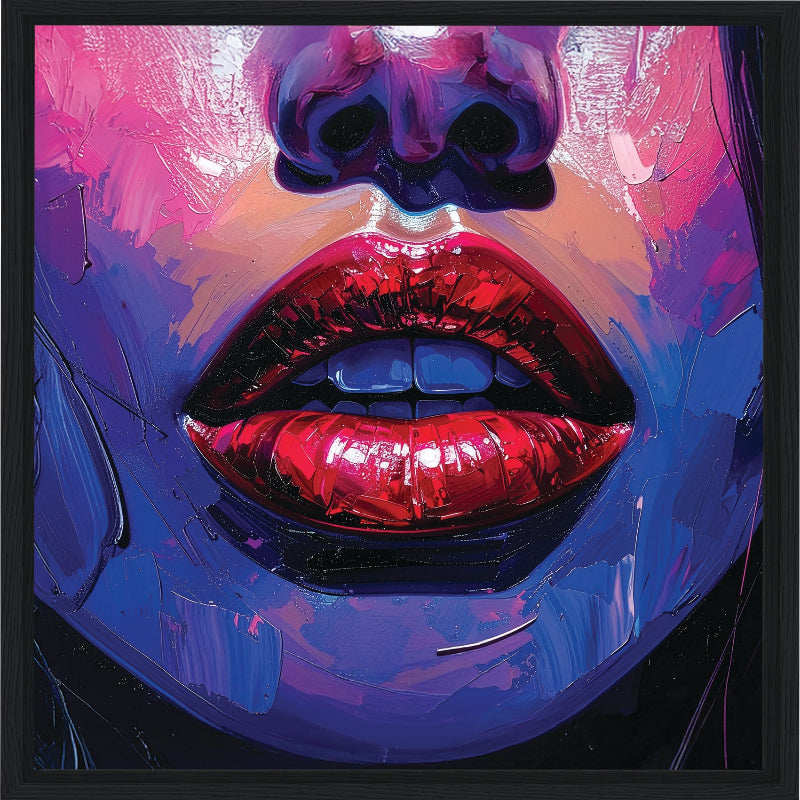 Colorful abstract art of a face with red lips and skull-like features.