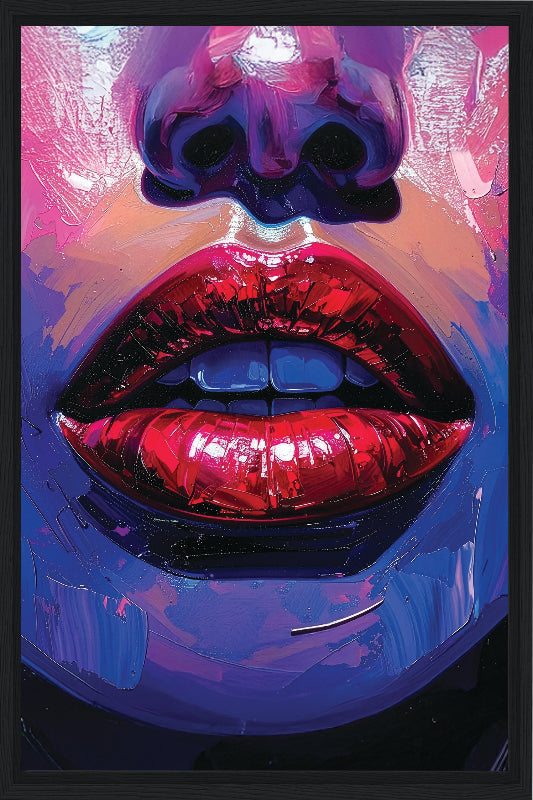 Colorful abstract art of a face with red lips and blue eyes.