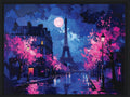 Paris at night with the moon and pink trees  framed canvas print