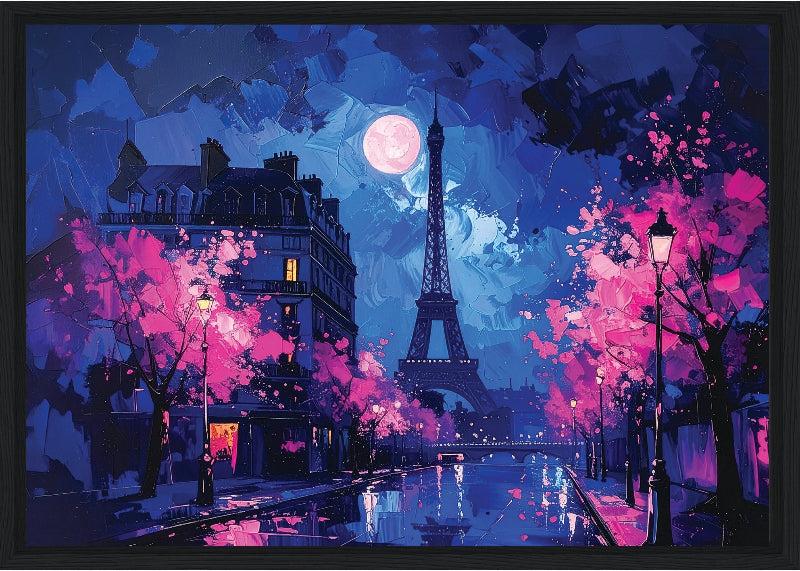Paris at night with the moon and pink trees  framed canvas print