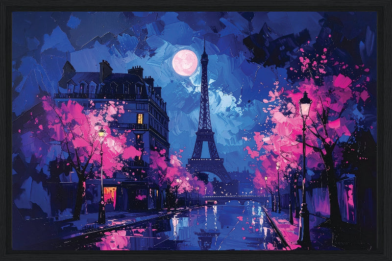 Paris at night with the moon and pink trees  framed canvas print