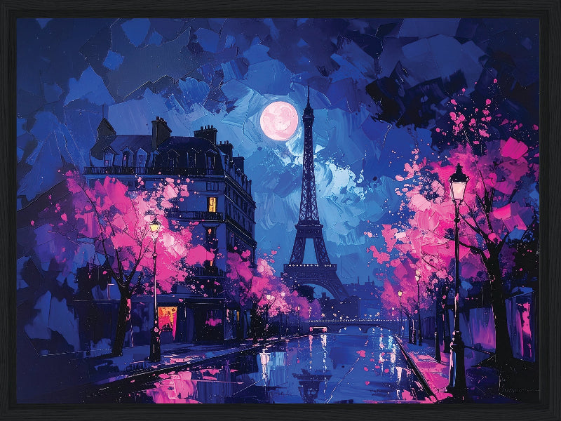 Paris at night with the moon and pink trees  framed canvas print