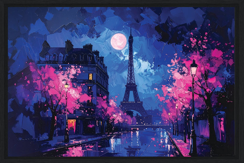 Paris at night with the moon and pink trees  framed canvas print