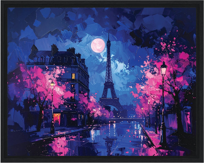 Paris at night with the moon and pink trees  framed canvas print