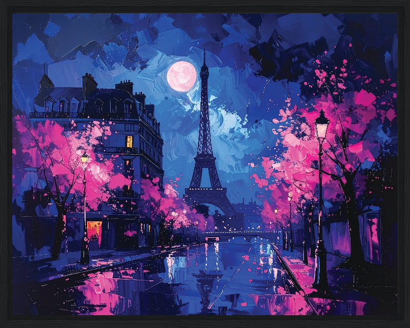 Paris at night with the moon and pink trees  framed canvas print