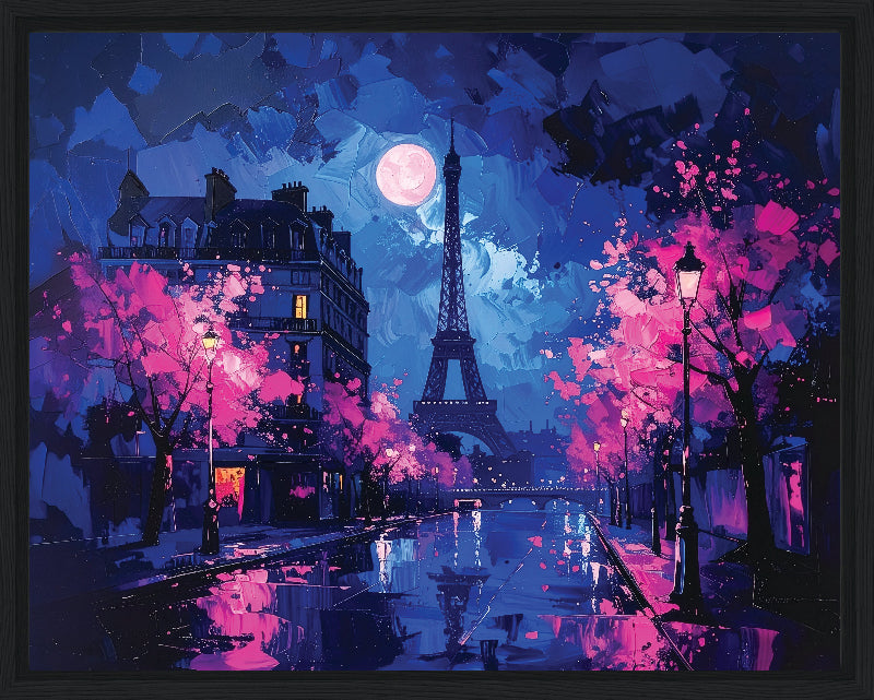 Paris at night with the moon and pink trees  framed canvas print