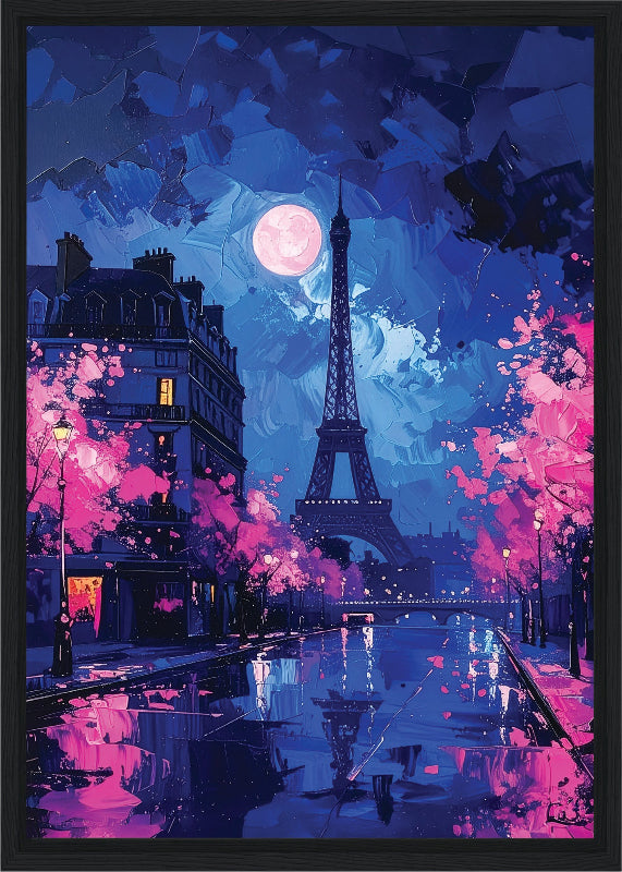 Paris at night with the moon and pink trees  framed canvas print