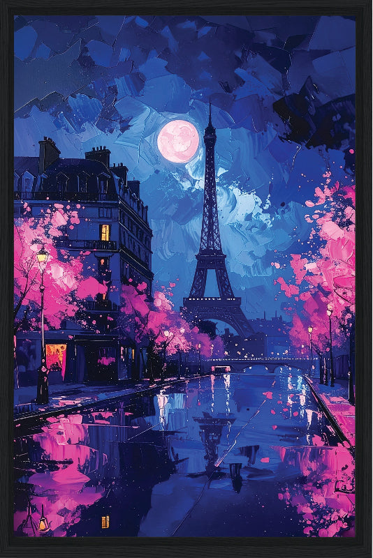 Paris at night with the moon and pink trees  framed canvas print