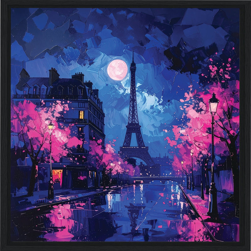 Paris at night with the moon and pink trees  framed canvas print