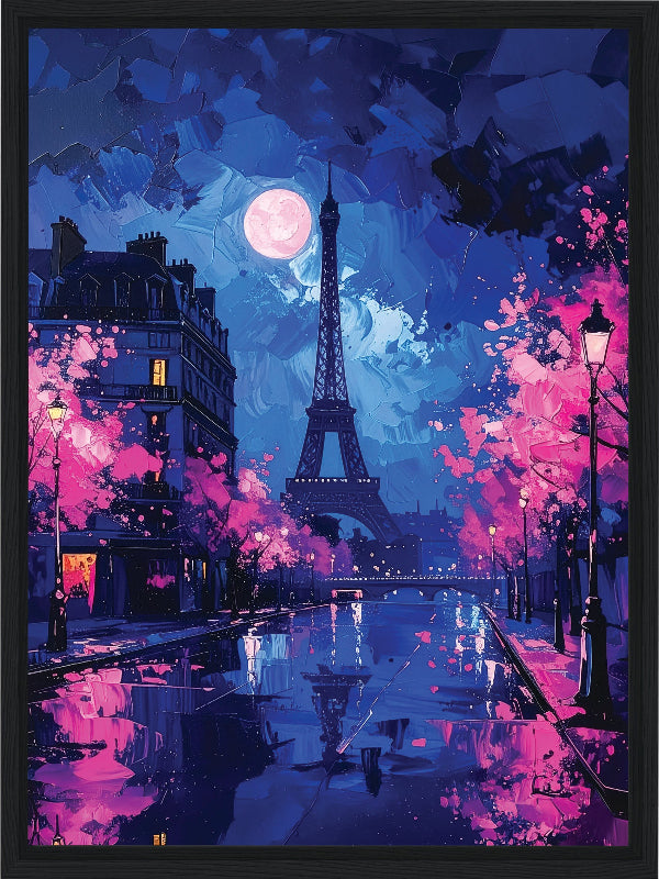 Paris at night with the moon and pink trees  framed canvas prints