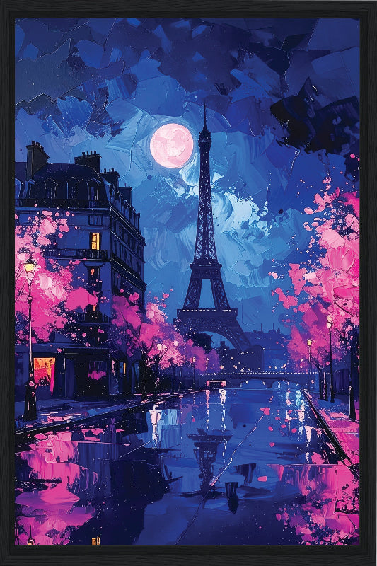 Framed artwork of the Eiffel Tower at night with a pink moon and colorful abstract elements.