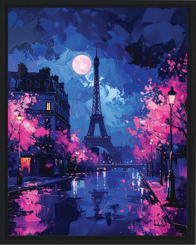 Paris at night with the moon and pink trees  framed canvas print