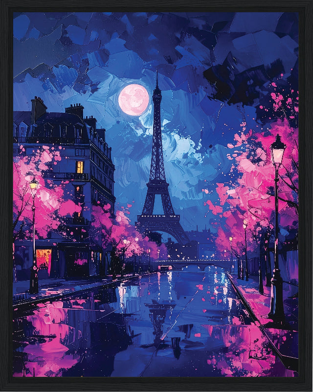 Paris at night with the moon and pink trees  framed canvas print
