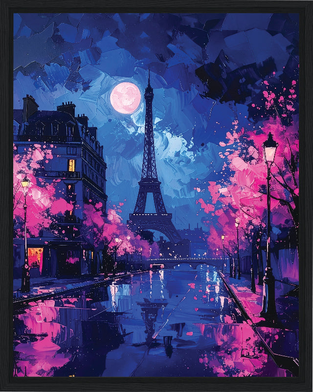 Paris at night with the moon and pink trees  framed canvas print