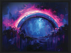 Colorful abstract art with a prominent arch and vibrant colors on a dark background