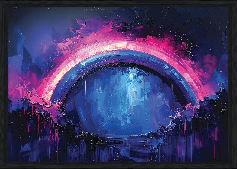 Colorful abstract art with a prominent rainbow-like arch in purple and pink hues.