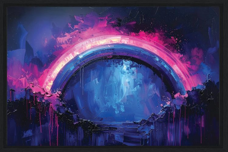 Colorful abstract art with a rainbow-like arch in a dark frame