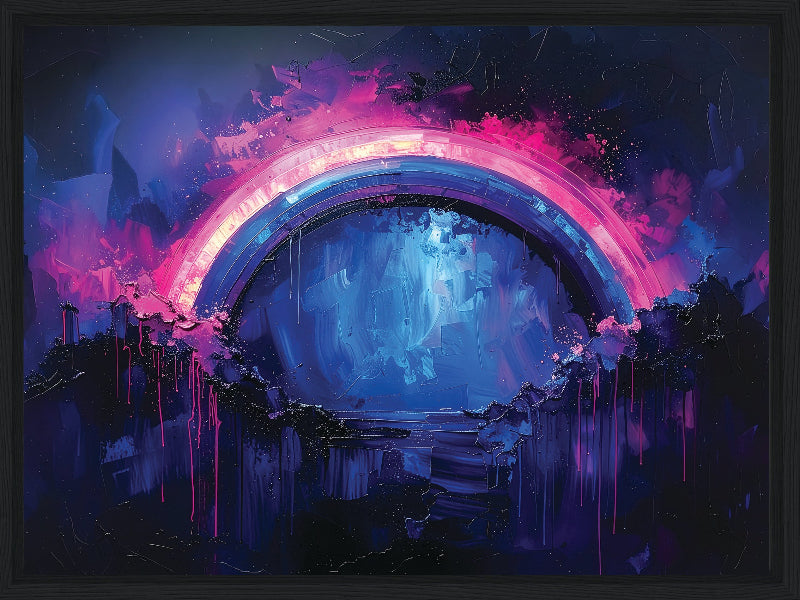 Colorful abstract art with a rainbow-like arch and mystical elements.
