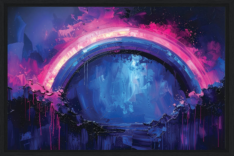 Colorful abstract art with a central circular design in blue and purple tones.