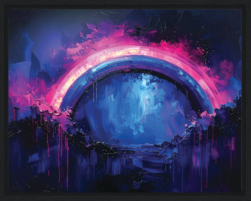 Colorful abstract art with a rainbow-like arch in blue and pink tones.
