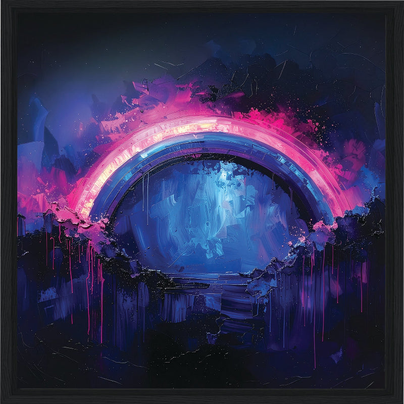 Colorful abstract art with a rainbow-like arch in a dark frame