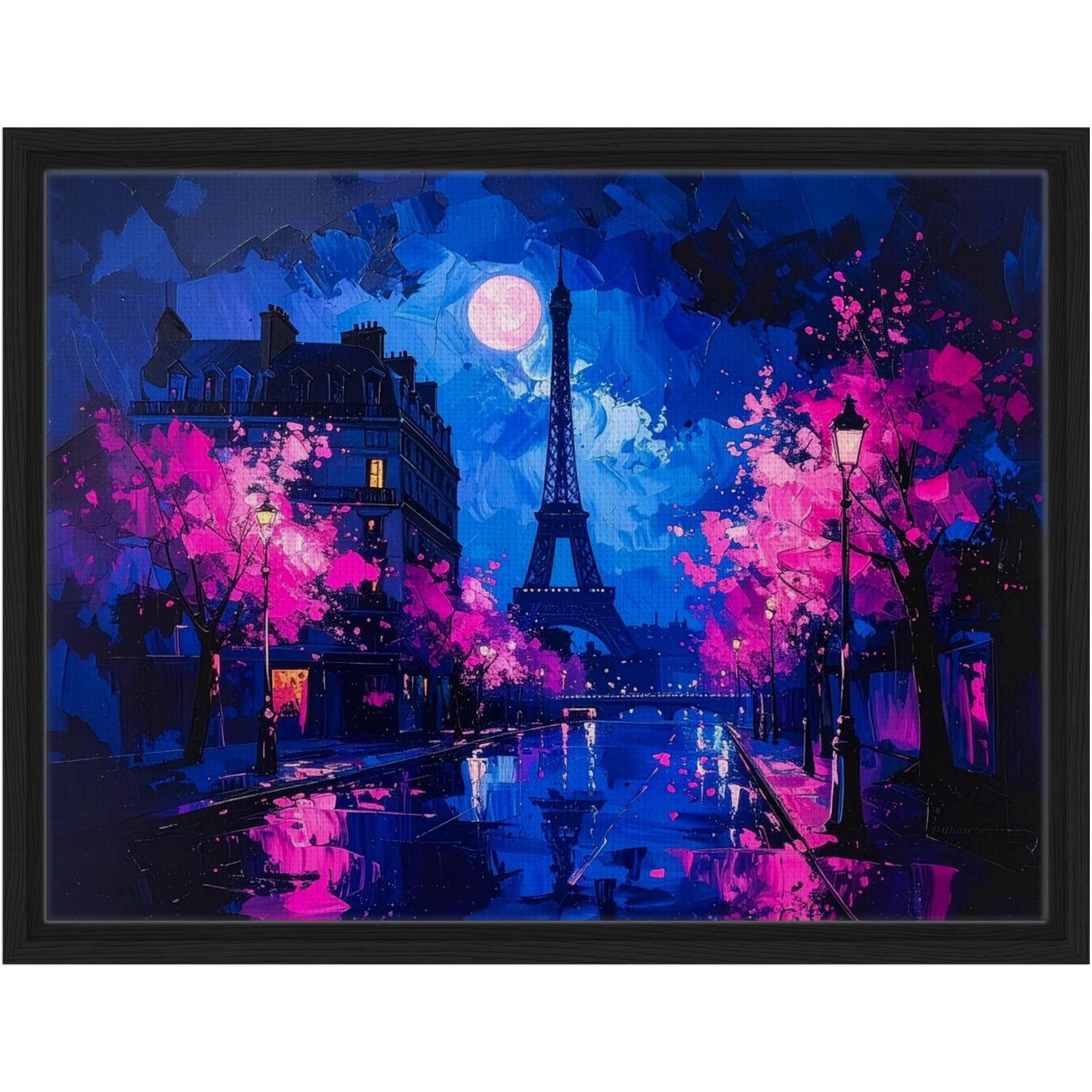 Framed artwork of the Eiffel Tower with cherry blossoms under a moonlit sky.