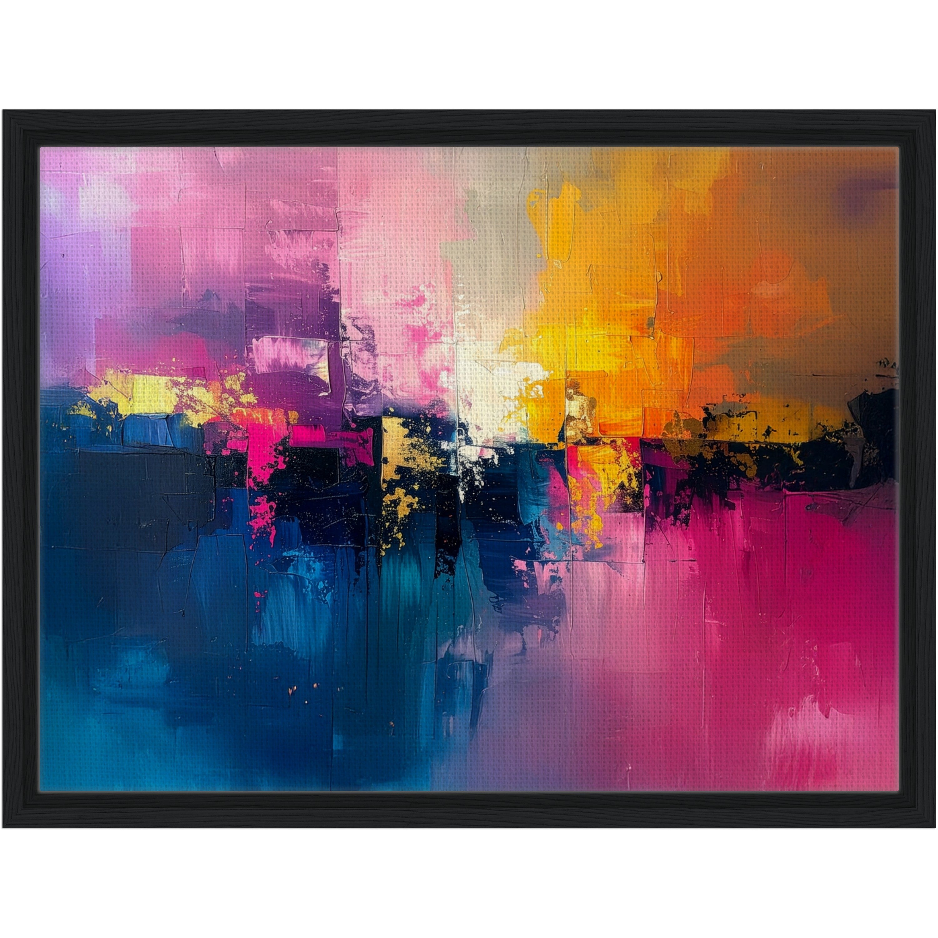 Abstract painting with vibrant colors in a black frame