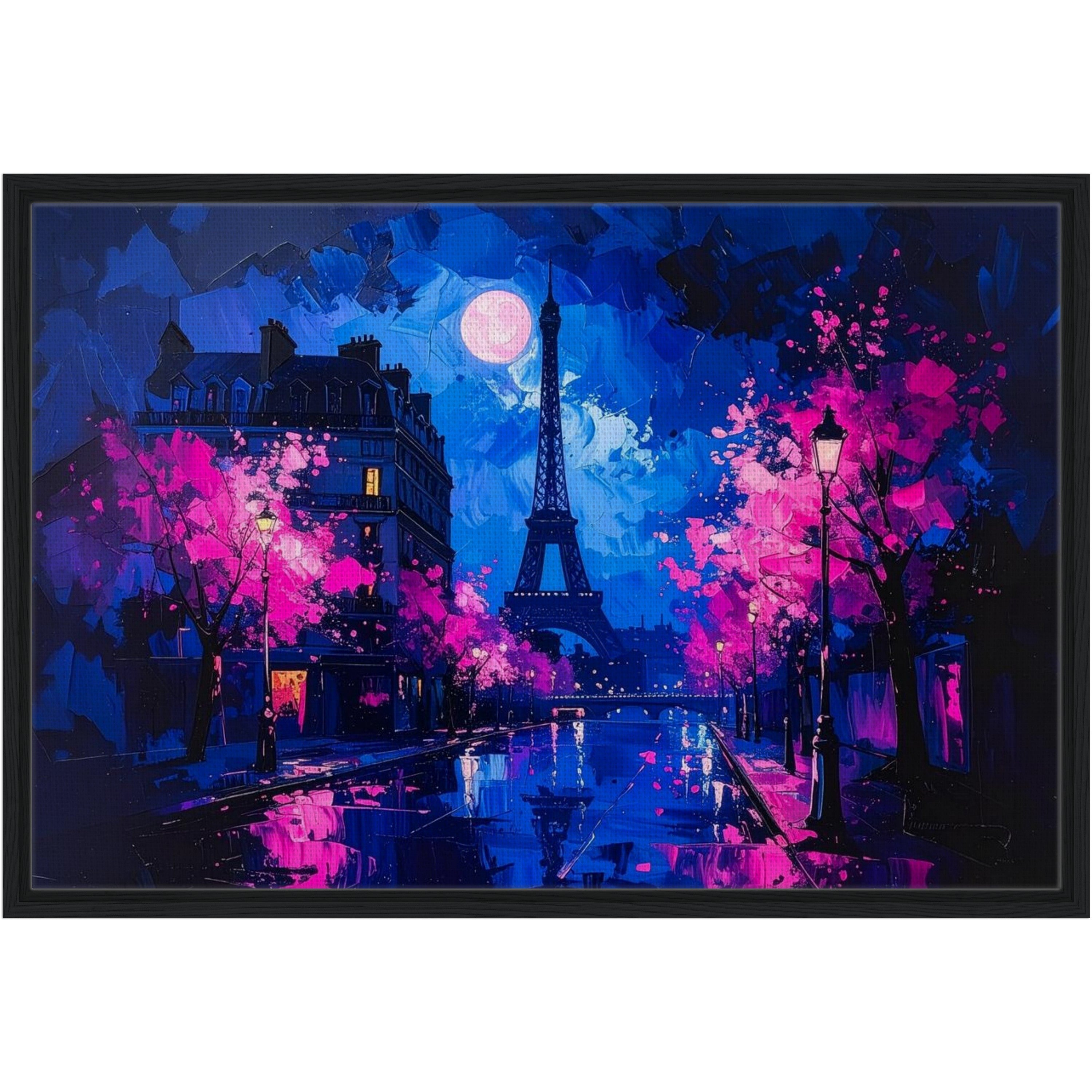 Framed artwork of a Parisian scene with Eiffel Tower, cherry blossoms, and moonlit sky.