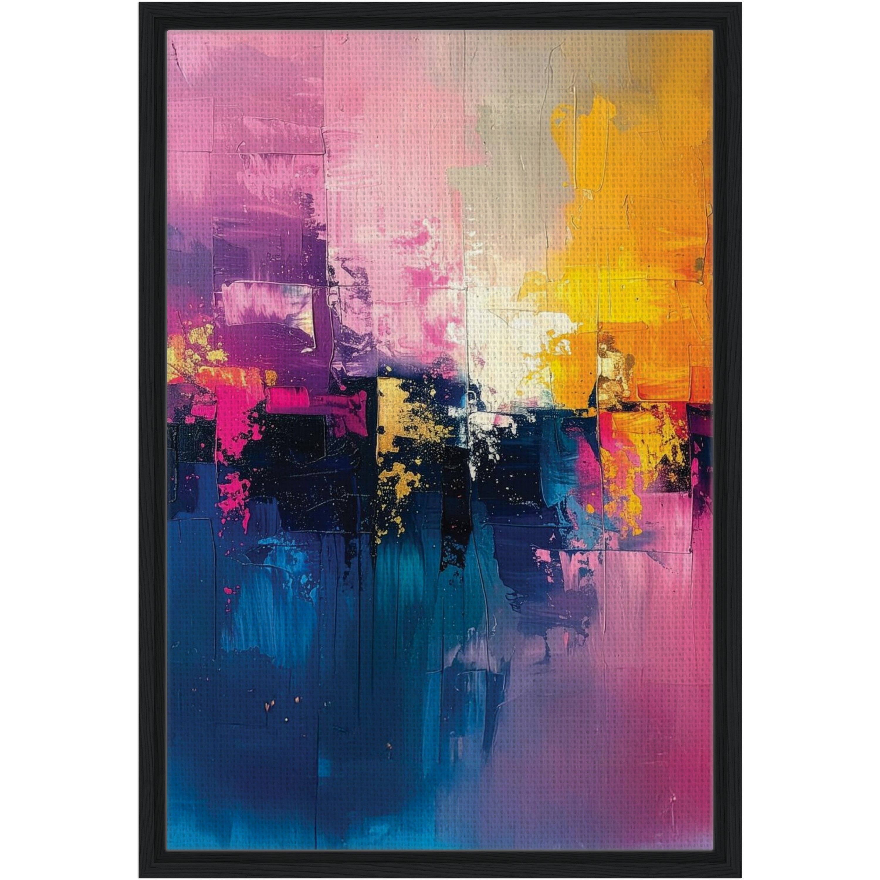 Abstract painting with vibrant colors in a black frame