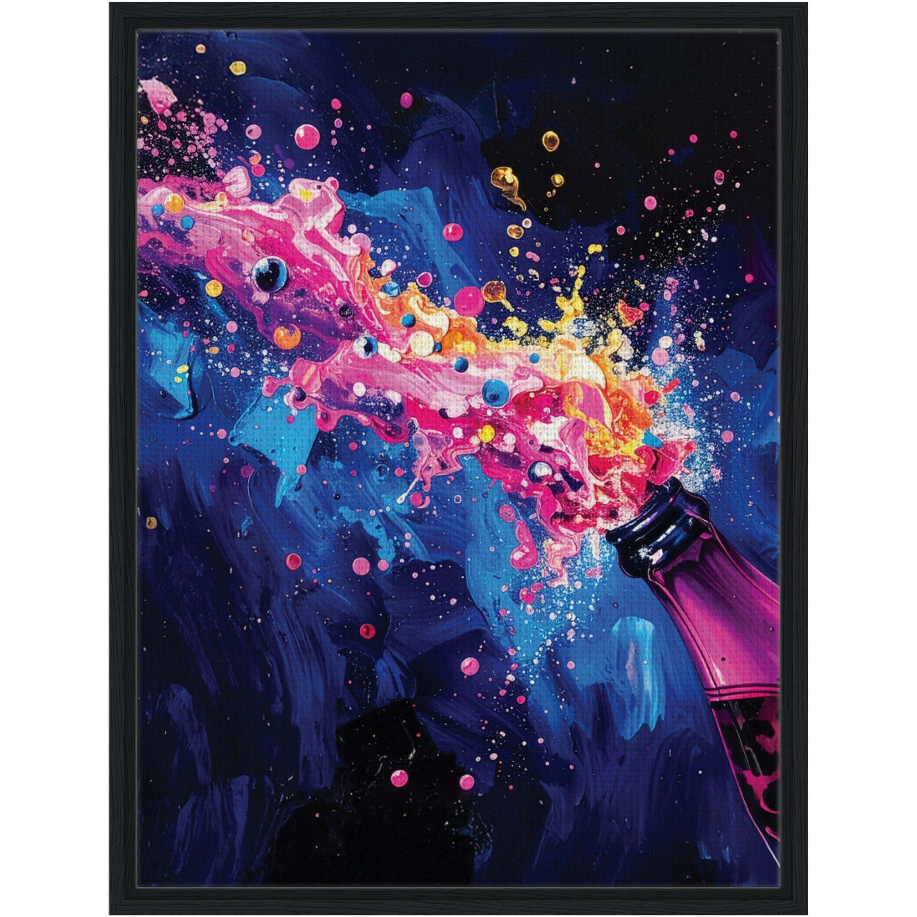 Colorful abstract painting of a bottle with splashes against a dark background