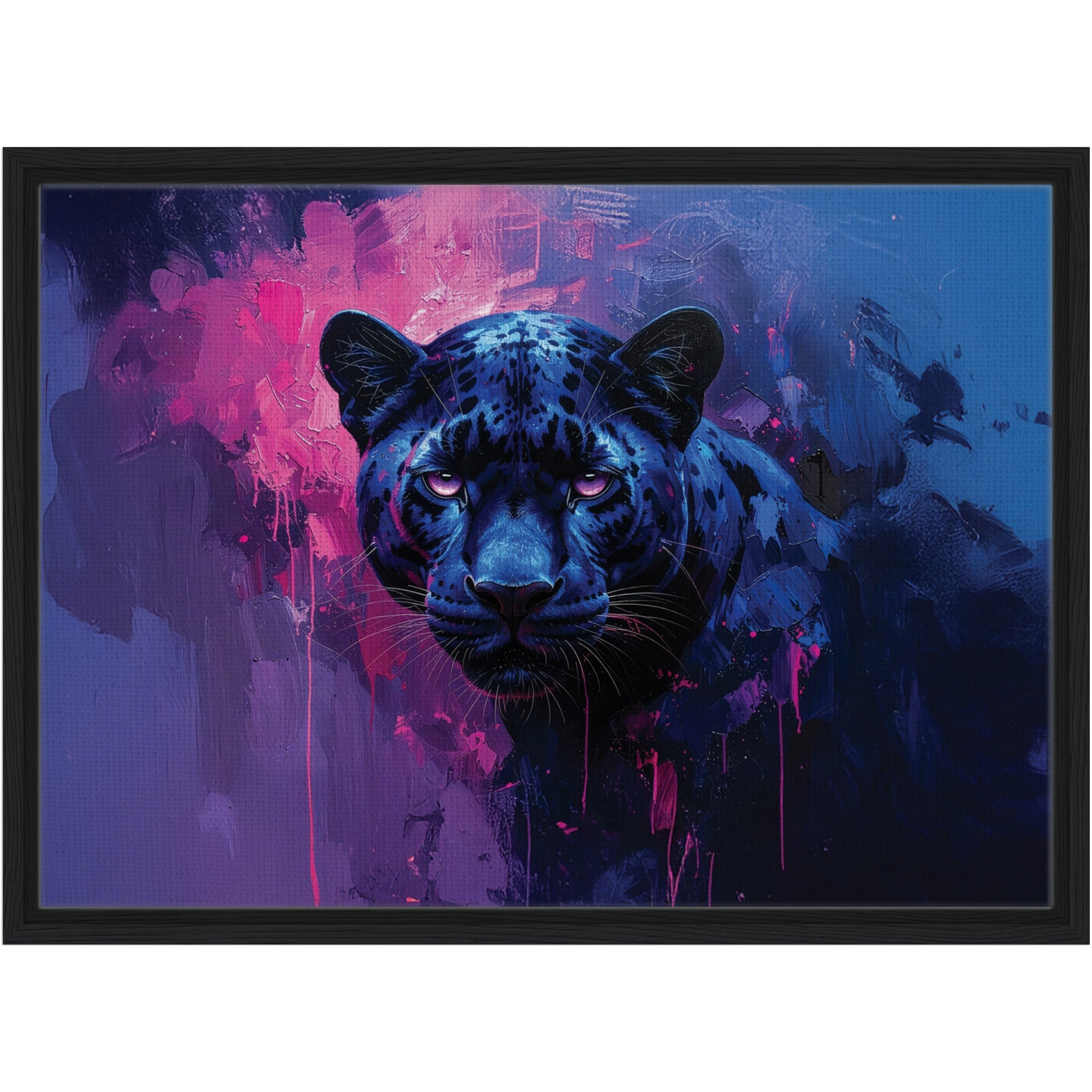 Black wooden framed printed canvas printed art of a blue and pink painted style panther