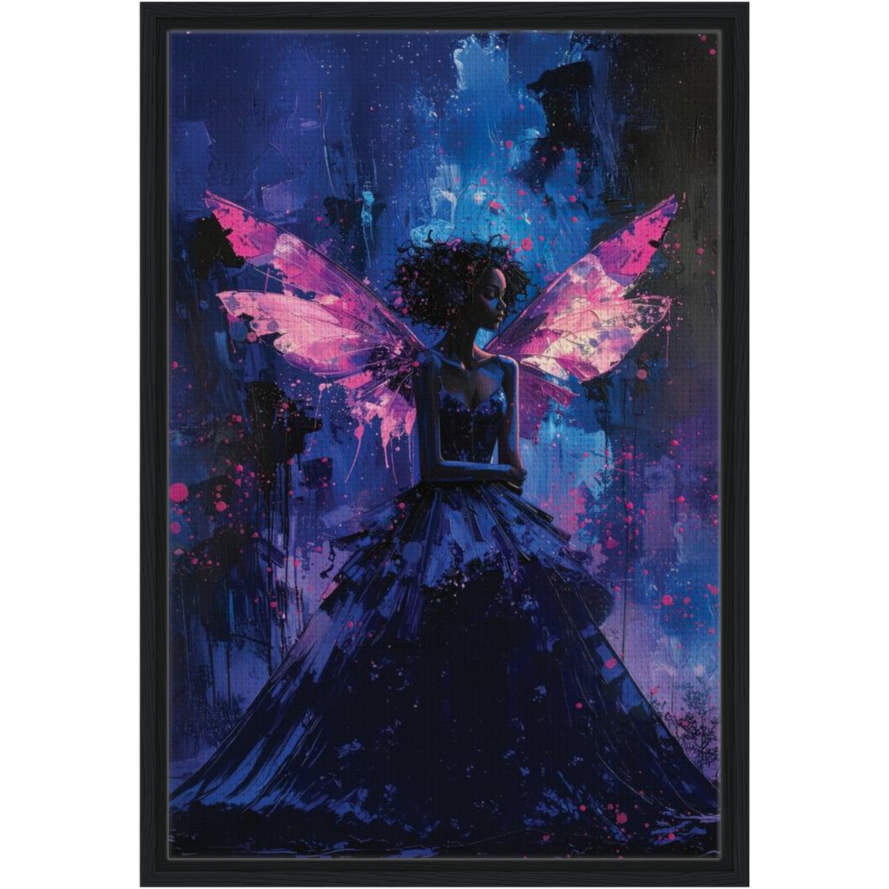 Framed artwork of a fairy with pink wings in a dark, mystical setting.