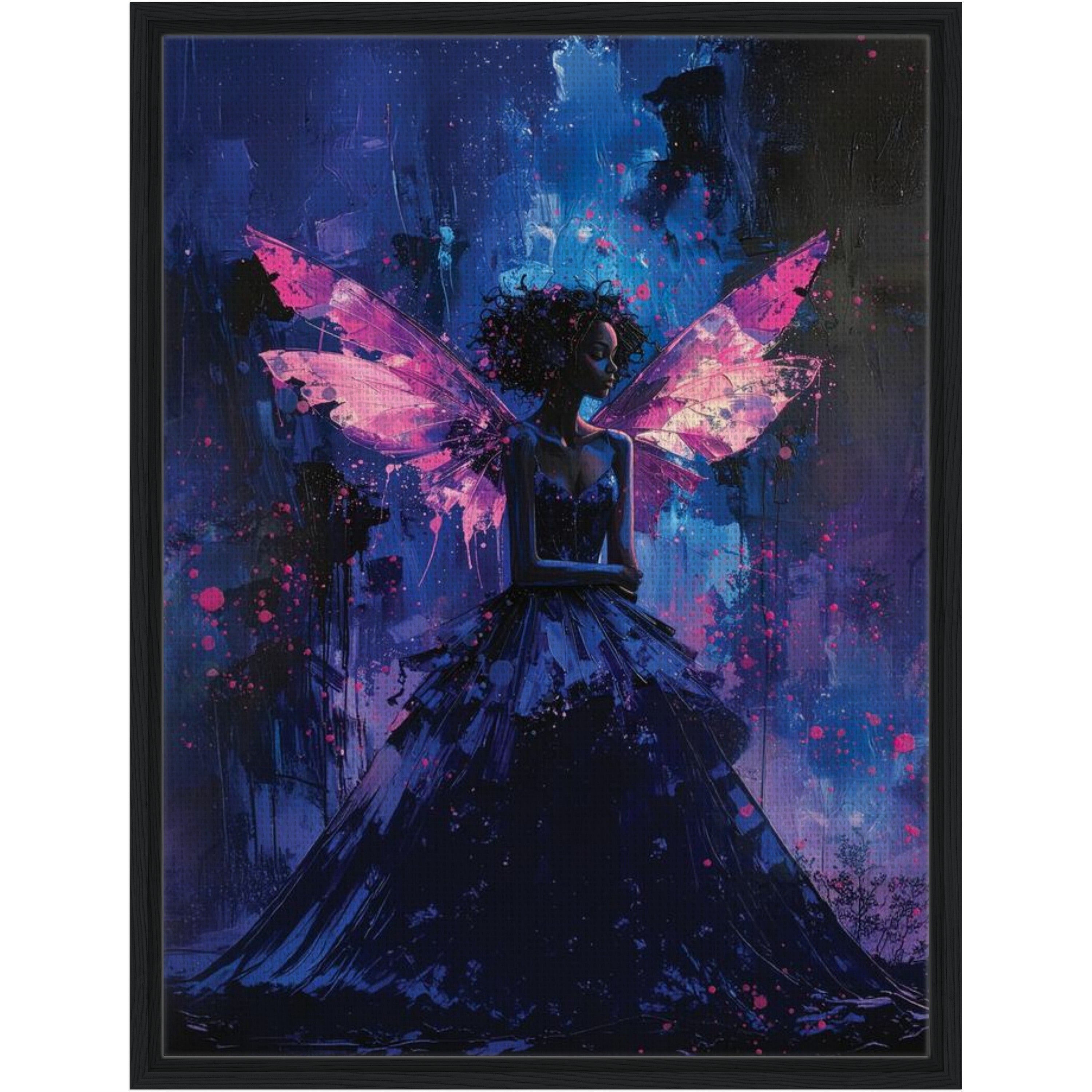 Artistic depiction of a fairy with pink wings in a dark, abstract setting