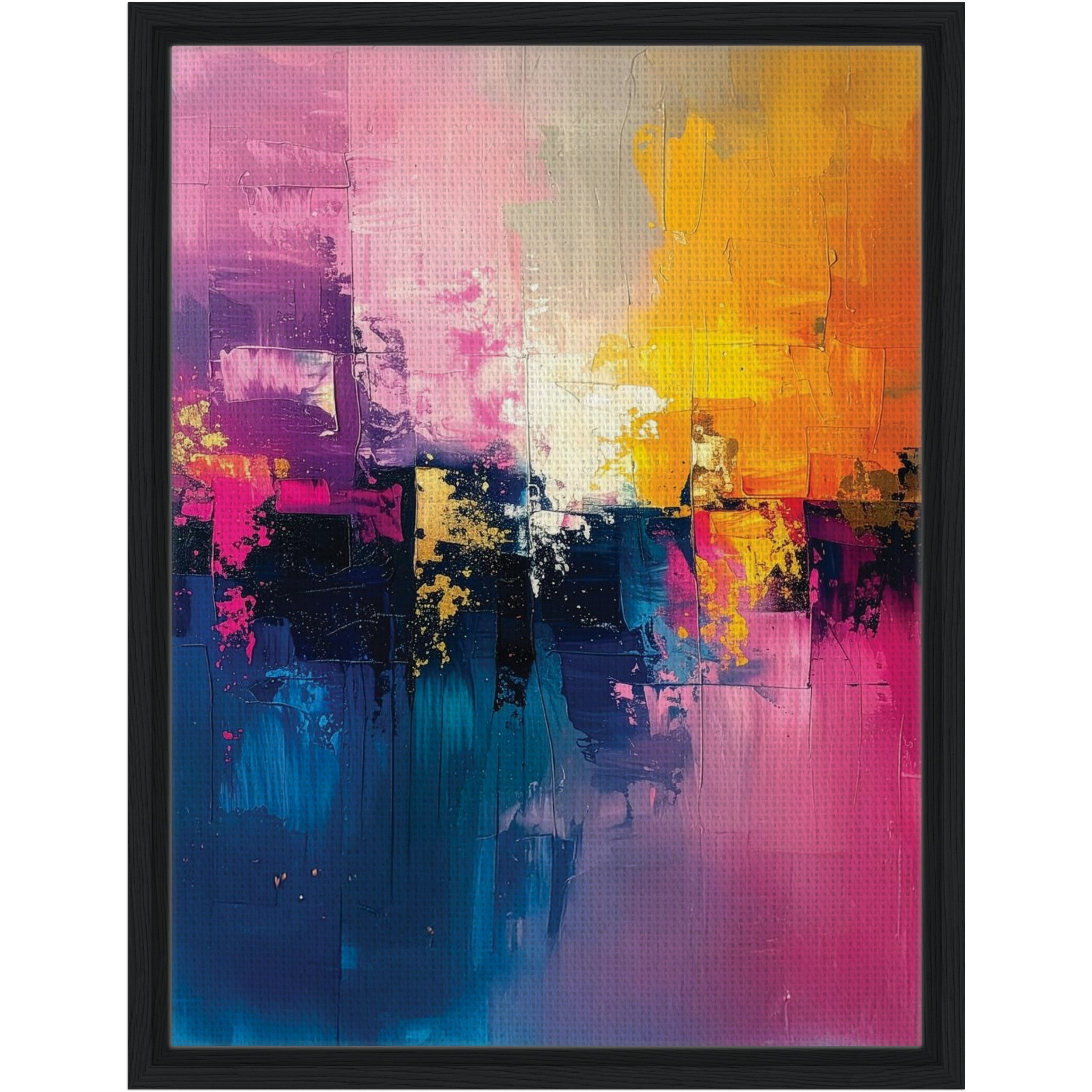 Abstract art print with pink, yellow, and blue colors on a white background