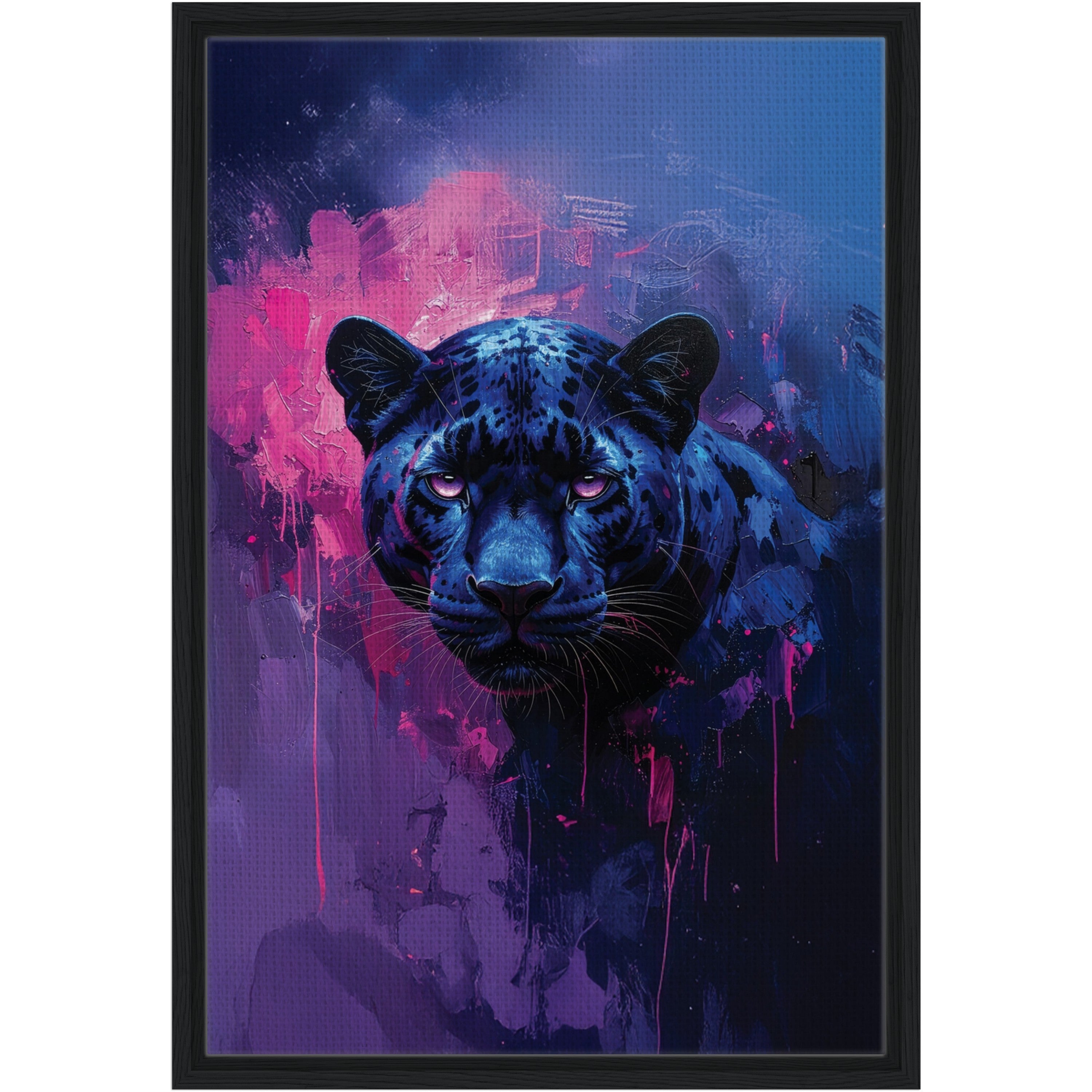 Close up of large format blue and pink panther with black frame canvas print