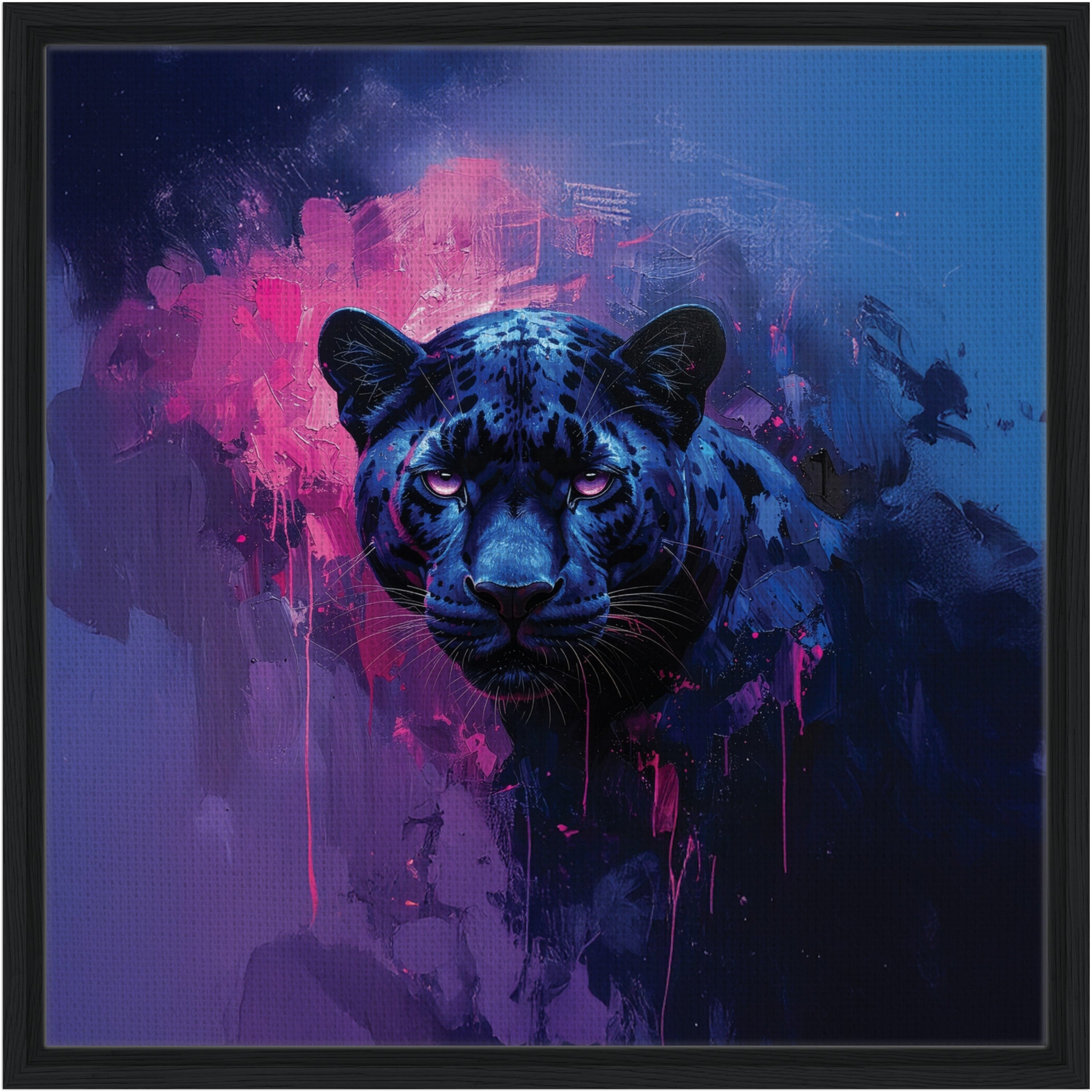Square black framed panther in painted style with blue and black and pink tones