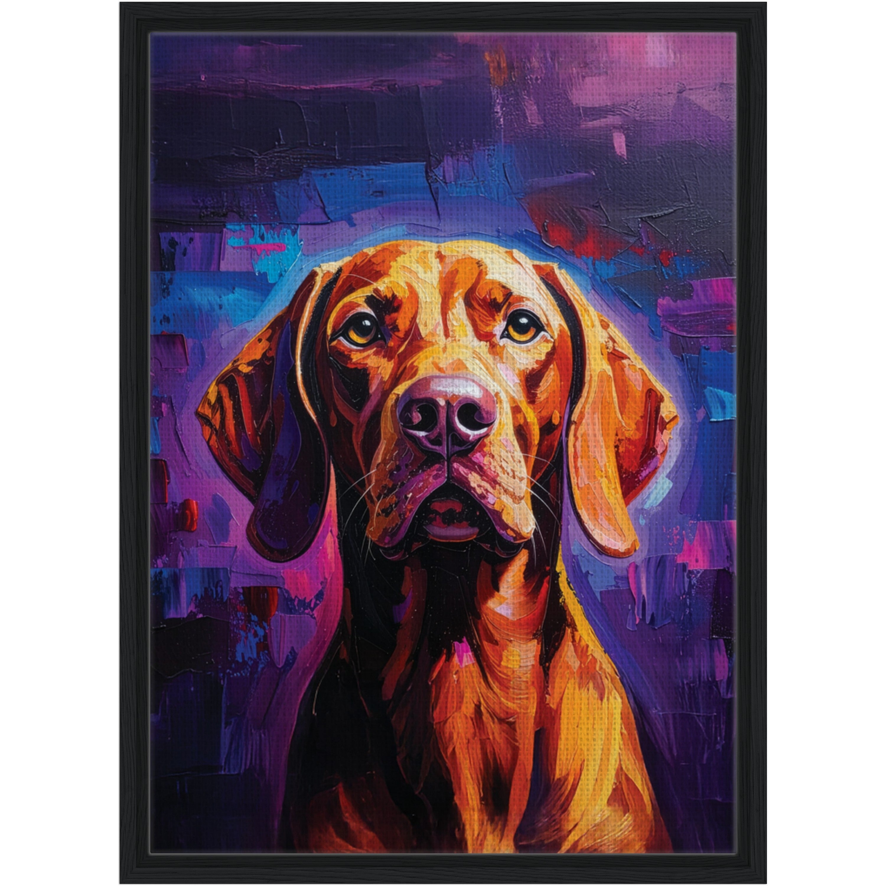 Colorful abstract painting of a dog with a black frame