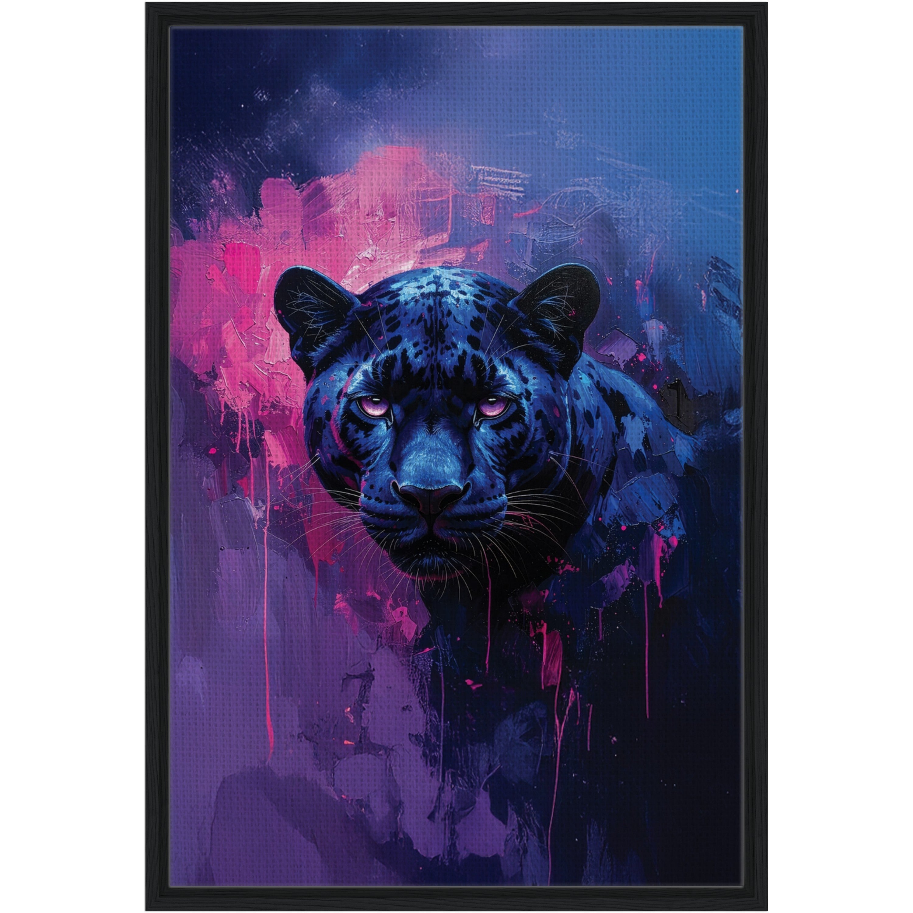Black wood framed painted style blue and pink panther