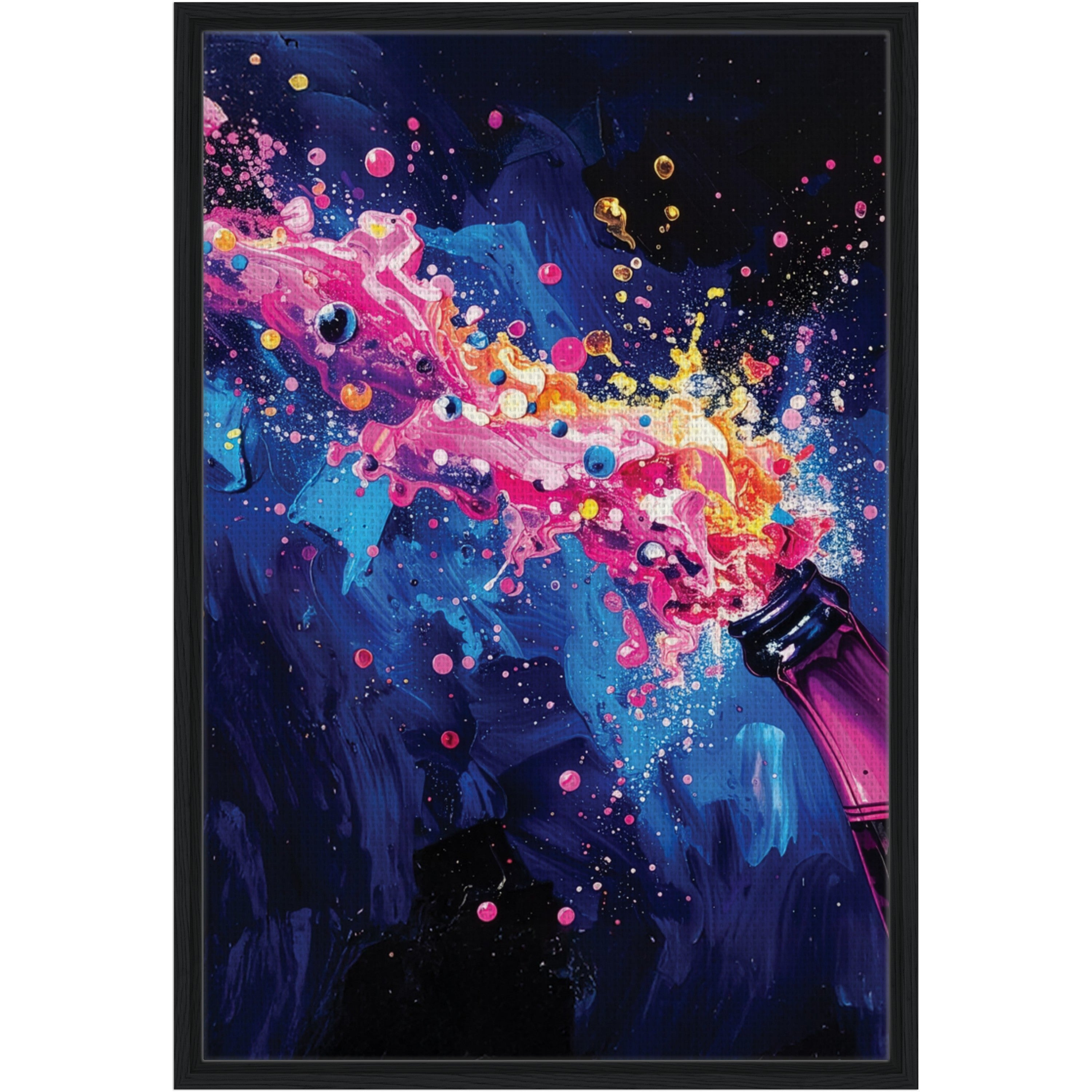 Colorful abstract painting of a bottle with splashes on a dark background